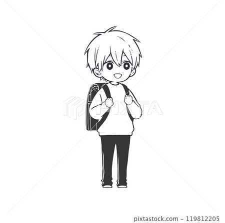 Monochrome illustration of an elementary school boy carrying a black backpack Monochrome illustration of an elementary school boy carrying a black backpack 119812205