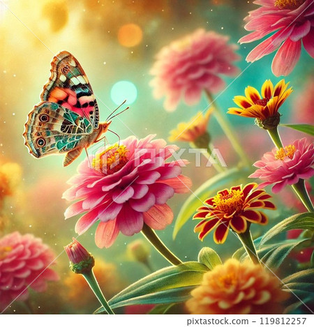 butterfly perching on a pink flower 119812257