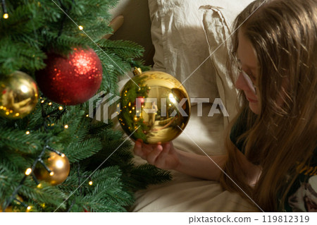 pine ethnicity sweet top girl play fir child ball traditional daughter christmas merry tree winter 119812319