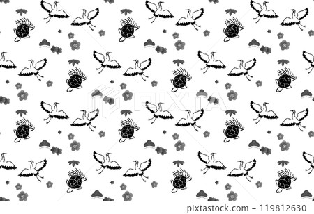 Pine, bamboo, plum, crane and turtle pattern Tenugui Japanese pattern Black and white 119812630