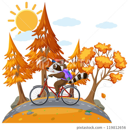 Raccoon Cycling Through Autumn Forest Raccoon Cycling Through Autumn Forest 119812656