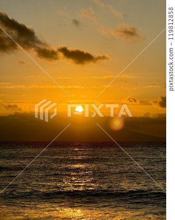 <Izu> The morning sun rising behind Oshima and the shoreline <Izu> The morning sun rising behind Oshima and the shoreline 119812858