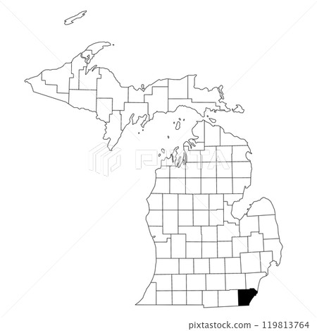 Map of Monroe County in Michigan state on white background. single County map highlighted by black colour on Michigan map. UNITED STATES, US 119813764