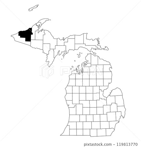 Map of ontonagon County in Michigan state on white background. single County map highlighted by black colour on Michigan map. UNITED STATES, US Map of ontonagon County in Michigan state on white background. single County map highlighted by black colour on Michigan map. UNITED STATES, US 119813770