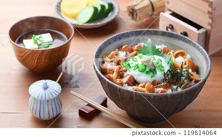 Nameko rice bowl (sticky rice bowl of nameko and grated yam) Nameko rice bowl (sticky rice bowl of nameko and grated yam) 119814064
