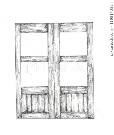 Hand drawn illustration of a wooden window frame 119814385