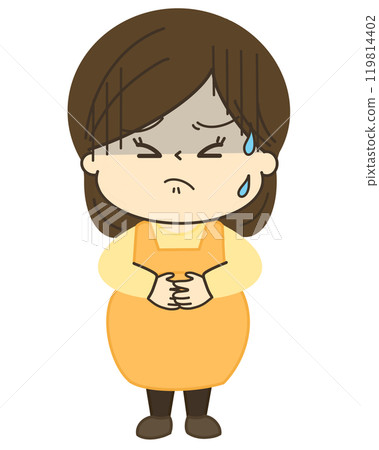 Illustration of a pregnant woman with a stomach ache and cold sweat Illustration of a pregnant woman with a stomach ache and cold sweat 119814402