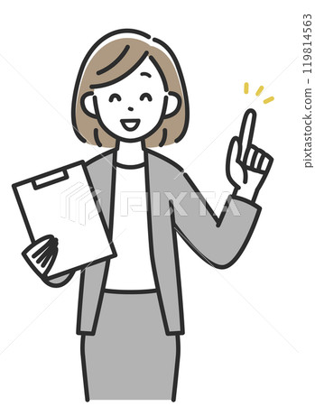 A business woman in a suit holding a binder and pointing up 119814563