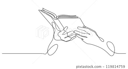 hand holding book one line drawing continuous 119814759