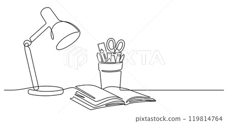 opening book,lamp and pencil holder workplace desk organizer one line drawing 119814764
