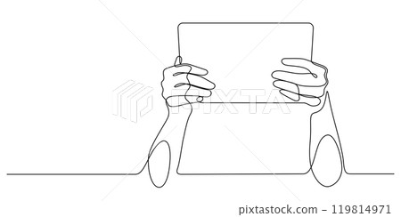 hand using digital tablet communication one line drawing continuous 119814971