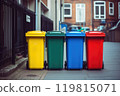 Full dumpsters separate waste, garbage containers standing on the street. Environmental, Ecology 119815071