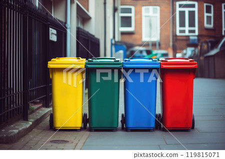 Full dumpsters separate waste, garbage containers standing on the street. Environmental, Ecology 119815071