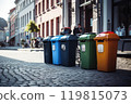Full dumpsters separate waste, garbage containers standing on the street. Environmental, Ecology 119815073