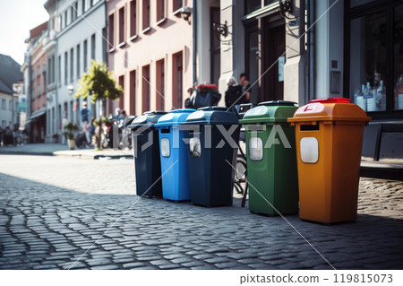 Full dumpsters separate waste, garbage containers standing on the street. Environmental, Ecology 119815073