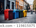 Full dumpsters separate waste, garbage containers standing on the street. Environmental, Ecology 119815075