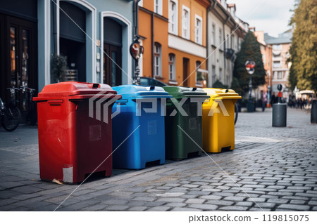 Full dumpsters separate waste, garbage containers standing on the street. Environmental, Ecology 119815075