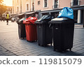 Full dumpsters separate waste, garbage containers standing on the street. Environmental, Ecology 119815079