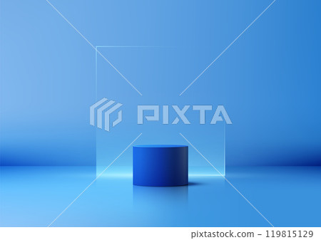 3D Blue Cylinder Podium on Blue Background with Transparent Square, Minimalist Product Display, Mockup Showcase 3D Blue Cylinder Podium on Blue Background with Transparent Square, Minimalist Product Display, Mockup Showcase 119815129