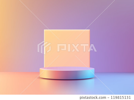 Modern 3D colorful podium with yellow square backdrop set against a gradient background, product display and mockup, showrooms, branding Modern 3D colorful podium with yellow square backdrop set against a gradient background, product display and mockup, showrooms, branding 119815131