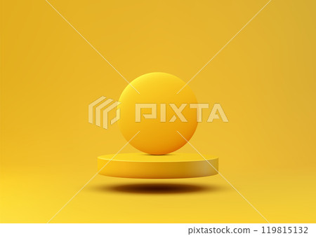 Yellow Floating Sphere on 3D Cylinder Platform in Vibrant Yellow Space, Modern Minimalist Product Display and Mockup Design 119815132
