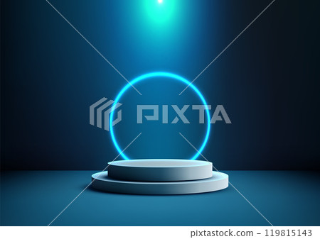 Futuristic 3D Neon Blue Ring Above White Podium, High Tech Product Showcase on Dark Background, Modern Design for Technology Displays Futuristic 3D Neon Blue Ring Above White Podium, High Tech Product Showcase on Dark Background, Modern Design for Technology Displays 119815143