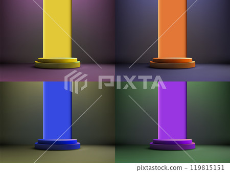 Dramatic Vibrant Color 3D Podium on Dark Stage, Modern Style Product Display and Mockup for Showroom Dramatic Vibrant Color 3D Podium on Dark Stage, Modern Style Product Display and Mockup for Showroom 119815151