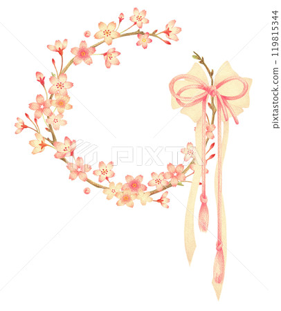 櫻花樹枝和長絲帶花環,手繪彩色鉛筆畫 櫻花樹枝和長絲帶花環,手繪彩色鉛筆畫 119815344