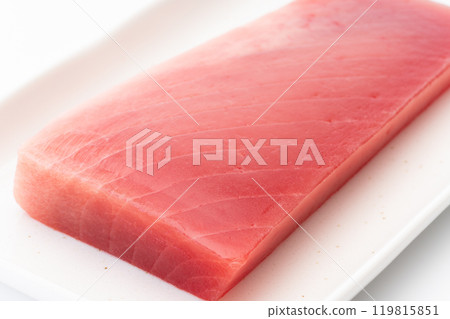 柵欄內肥膩的大眼鮪魚的特寫 119815851