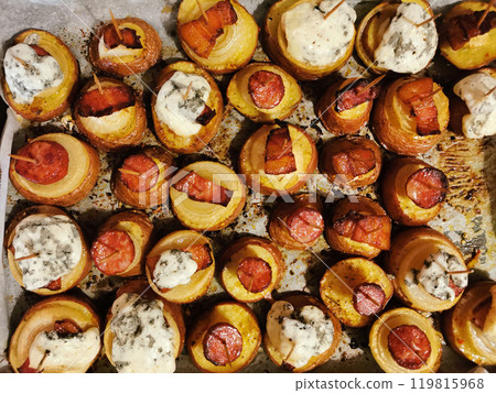 grilled potatoes with cheese and bacon grilled potatoes with cheese and bacon 119815968