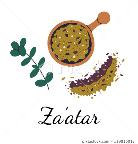 Vector illustration of zaatar seasoning in a wooden bowl with herbs and spices, zaatar spice blend perfect for culinary, Middle Eastern cuisine, and healthy food themes. Flat cartoon style Vector illustration of zaatar seasoning in a wooden bowl with herbs and spices, zaatar spice blend perfect for culinary, Middle Eastern cuisine, and healthy food themes. Flat cartoon style 119816012