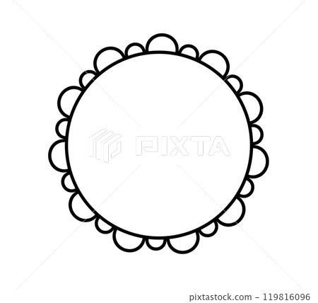 Scalloped edge circle frame. Simple round scalloped border. Fabric lace pattern frame. Repeat cute vintage frill ornament. Texture ribbon. Vector illustration isolated on white background. 119816096