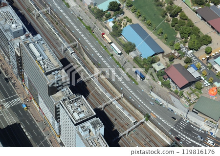 Osaka Loop Line and roads in front of Tennoji Station in Osaka City 119816176