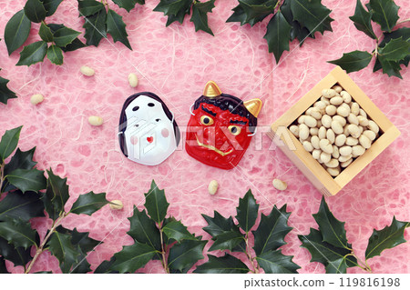 Setsubun: Soybeans in a wooden box, lucky beans, holly, red demon and Otafuku Setsubun: Soybeans in a wooden box, lucky beans, holly, red demon and Otafuku 119816198