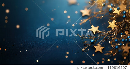 Christmas and New Year Banner with Gold Stars and Glittering Branches on Dark Blue Background 119816207