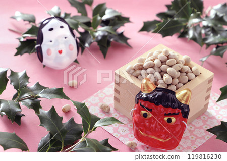 Setsubun: Soybeans in a wooden box, lucky beans, holly, red demon and Otafuku Setsubun: Soybeans in a wooden box, lucky beans, holly, red demon and Otafuku 119816230