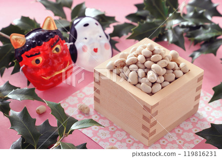 Setsubun: Soybeans in a wooden box, lucky beans, holly, red demon and Otafuku Setsubun: Soybeans in a wooden box, lucky beans, holly, red demon and Otafuku 119816231