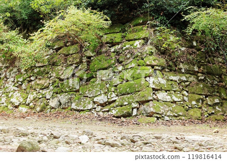 The stone walls of the castle tower surrounding the remains of the main citadel of Azuchi Castle The stone walls of the castle tower surrounding the remains of the main citadel of Azuchi Castle 119816414