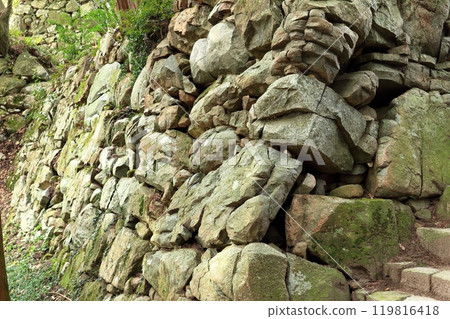 Stone wall next to the stairs leading up to the main tower of Azuchi Castle Stone wall next to the stairs leading up to the main tower of Azuchi Castle 119816418