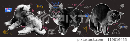 Vector set of halftone cats with naive doodle elements. Contemporary collage for design template. 119816433