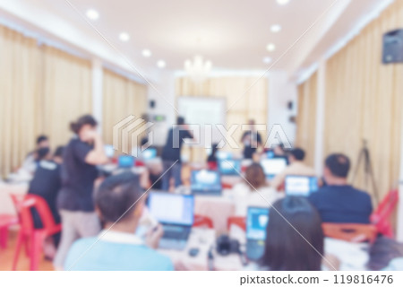 Blur background seminar business event in auditorium  hall convention audience presentation meeting at conference room present screen for entrepreneurs startup business. Blurred background copy space 119816476