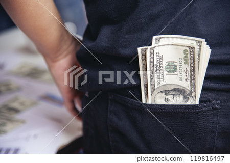 Hand holding money dollar bank note in wallet give financial payment. Man hands showing spread 100 dollar exchange cash payout. Saving Businessman counting money banknote bribe corruption concept. Hand holding money dollar bank note in wallet give financial payment. Man hands showing spread 100 dollar exchange cash payout. Saving Businessman counting money banknote bribe corruption concept. 119816497