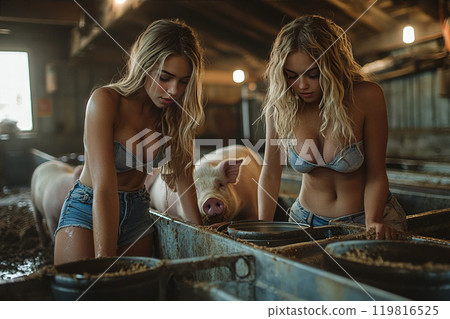 Bikini clad female farmers feed pigs of fodder at small family pig farm. 119816525