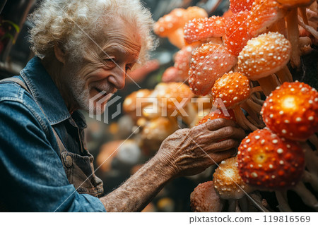 Man in his 80s grows poisonous hallucinogenic fly agaric mushrooms in greenhouse. 119816569