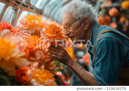 Flower farm in Asia, elderly florist tending plants in garden bed. Flower farm in Asia, elderly florist tending plants in garden bed. 119816570