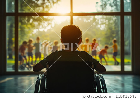 Wheelchair user  teen boy sits in front of window in dark room and watches children playing in summer on playground outside window. 119816583