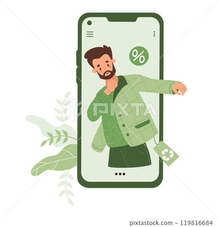 Eco-Friendly Online Shopping clothing. Bearded man on phone screen tries on fashionable green jacket made from recycled material. Sustainable fashion. Vector illustration. Mobile Eco Shop Apparel Eco-Friendly Online Shopping clothing. Bearded man on phone screen tries on fashionable green jacket made from recycled material. Sustainable fashion. Vector illustration. Mobile Eco Shop Apparel 119816684