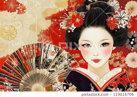 日式背景與穿著長袖和服的女人 日式背景與穿著長袖和服的女人 119816706