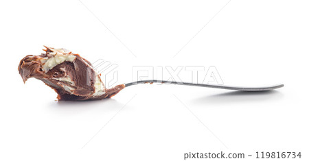 Chocolate cream spread on sppon isolated on white background. 119816734