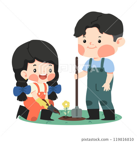 cartoon of a boy and girl planting a tree together cartoon of a boy and girl planting a tree together 119816810